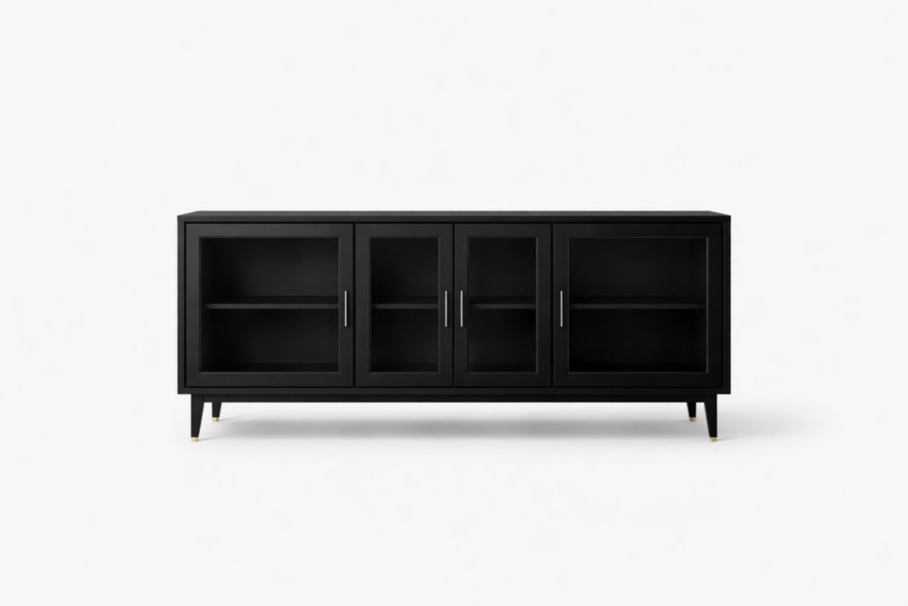 Black Solid Wood Sideboard with Tempered Glass Doors Length 180 cm x Width 45 cm x Height 80 cm