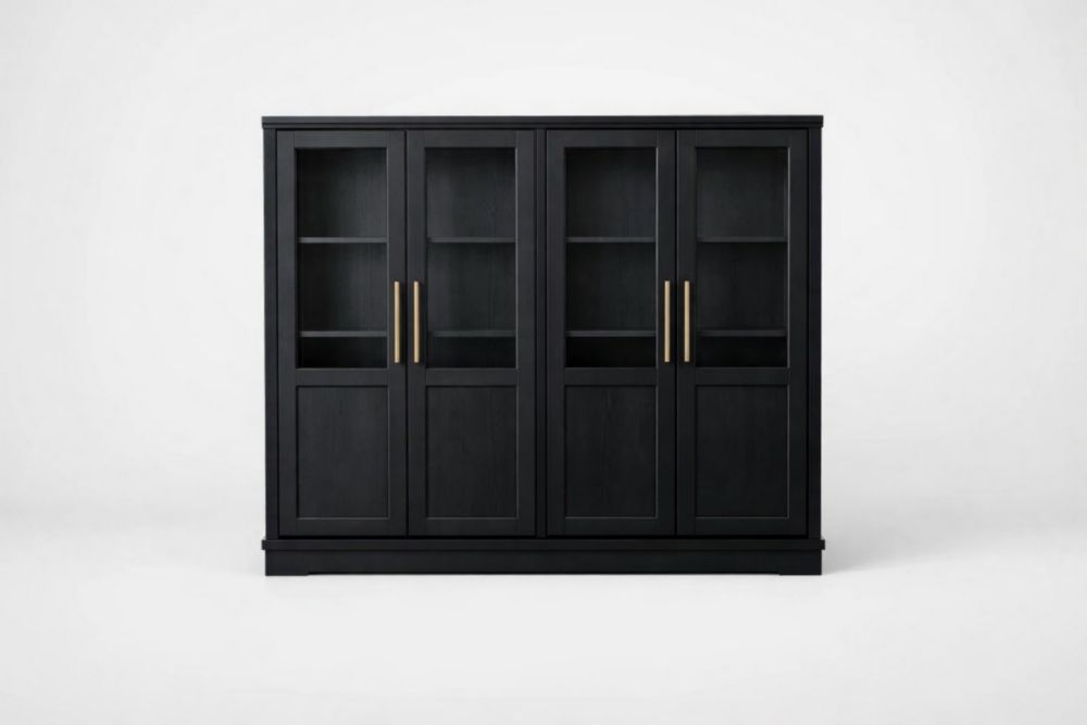 Black Solid Wood Cabinet with Glass Doors and Aluminum Alloy Handles