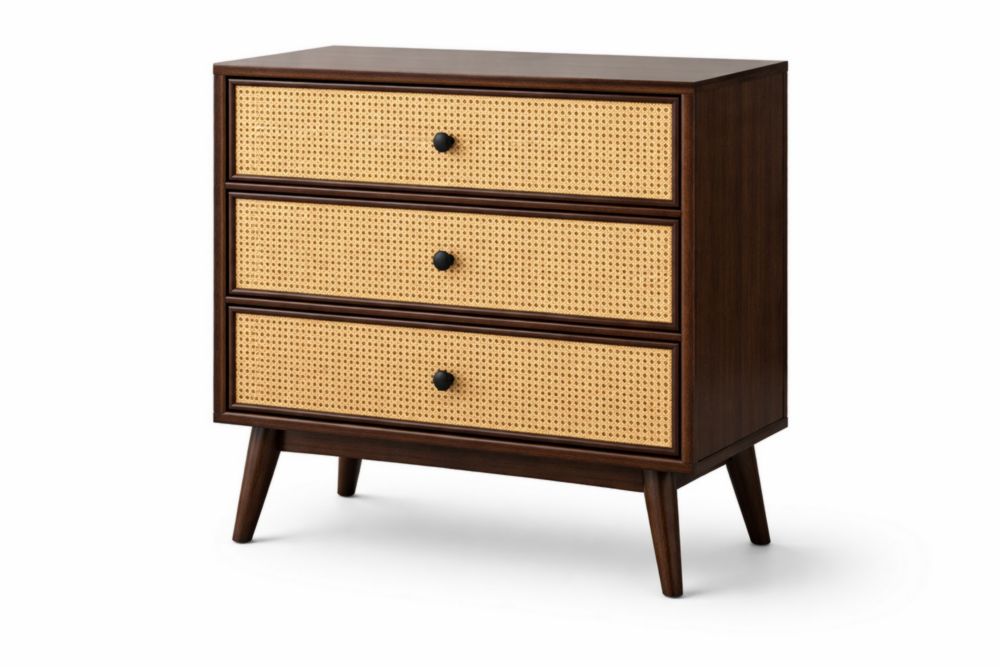 Solid Wooden Chest with Rattan Drawers and Dark Walnut Finish