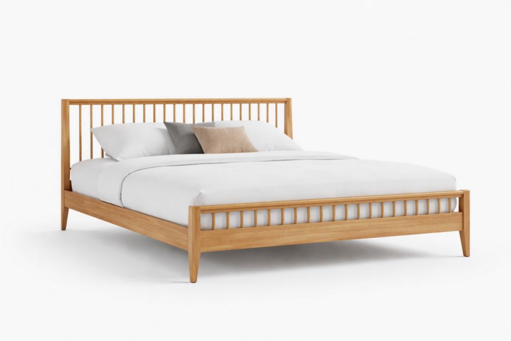 Solid Oak Wood Queen Bed Frame with Slatted Headboard