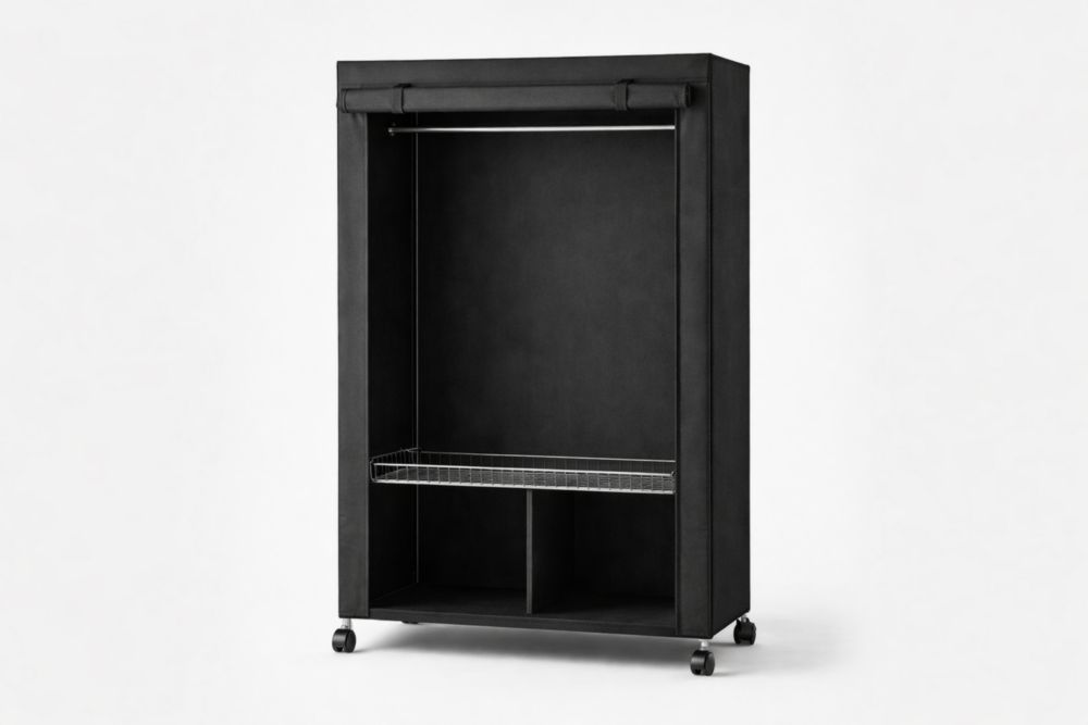 Freestanding Black Polyester Fabric Wardrobe with Steel Wire Shelf and Wheels