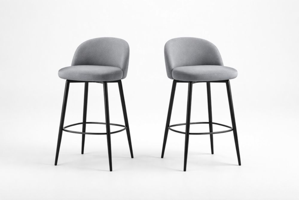 Set of 2 Gray Upholstered Bar Stools with Steel Legs