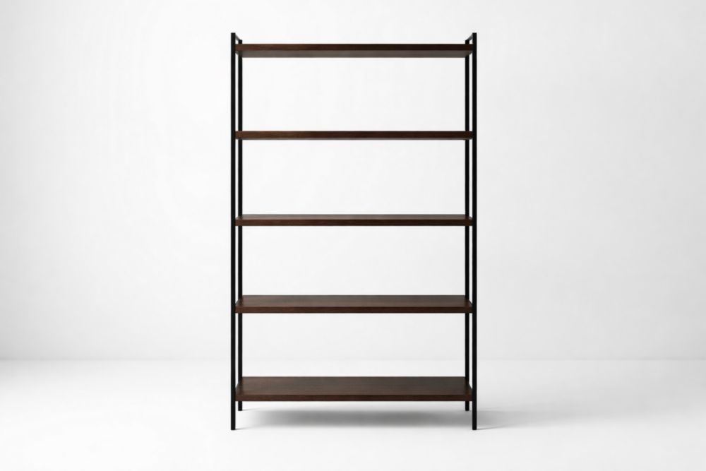 5-Tier Brown Solid Walnut Wood and Black Steel Bookshelf