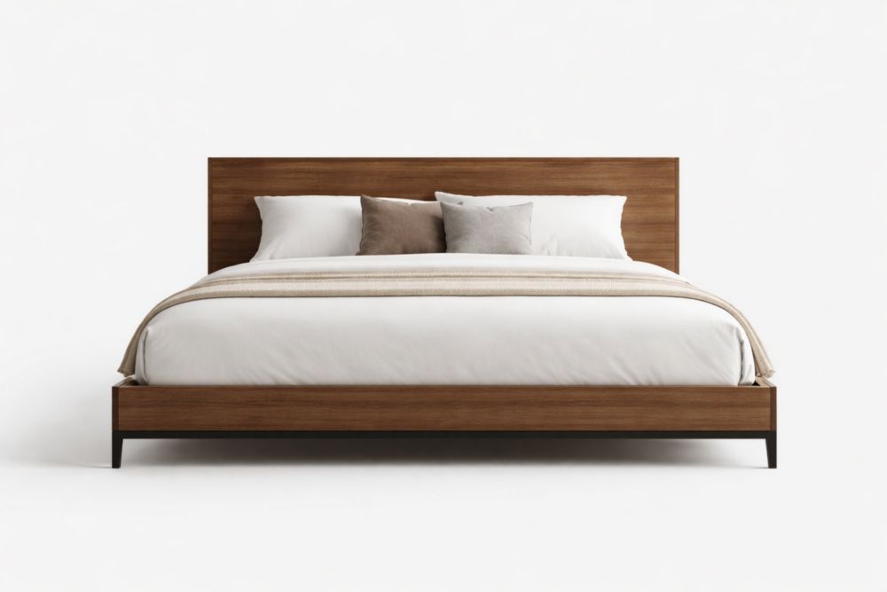 King Size Wooden Platform Bed Frame with Brown Headboard and Black Steel Legs