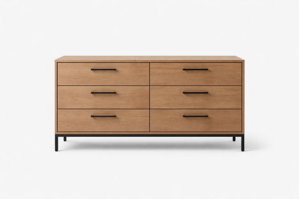 Six Drawer Chest Oak Wood Black Steel Frame