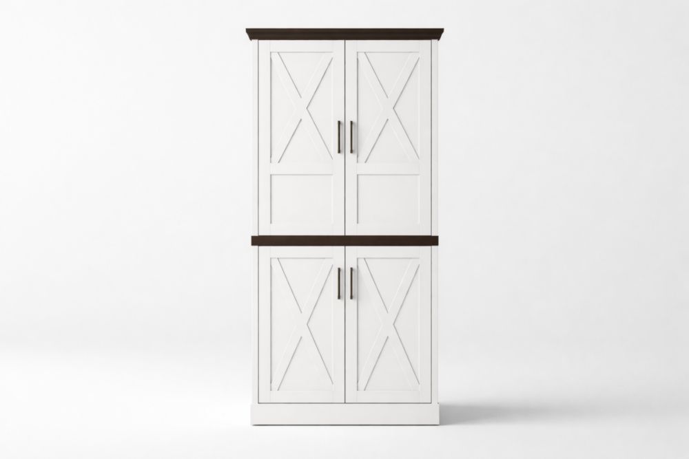 White MDF Pantry Cabinet with Dark Brown Accents