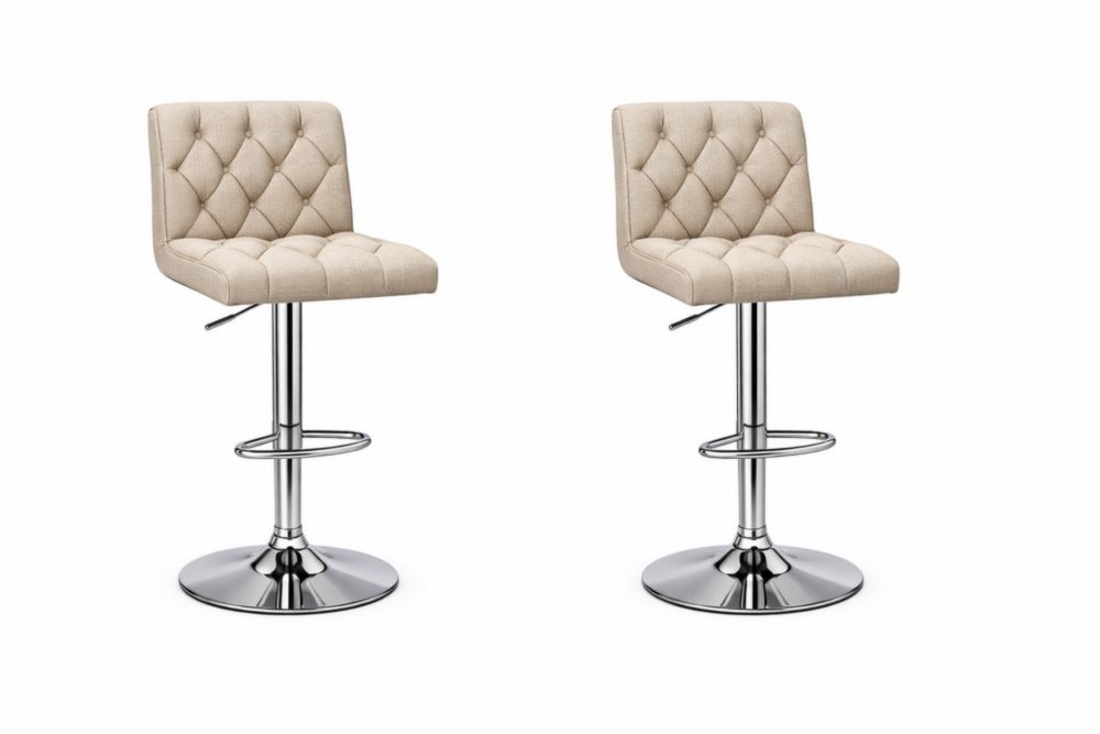 Set of 2 Beige Linen Adjustable Bar Stools with Chrome Base