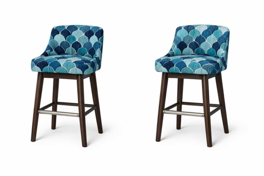 Set of 2 Blue Patterned Fabric and Solid Wood Counter Stools
