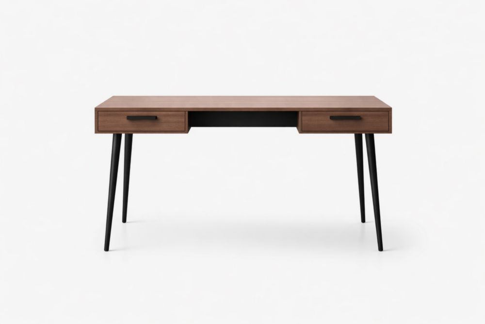 Walnut Office Desk with Steel Legs and Two Drawers