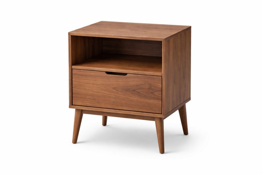 Walnut Veneer Nightstand with Drawer and Open Shelf