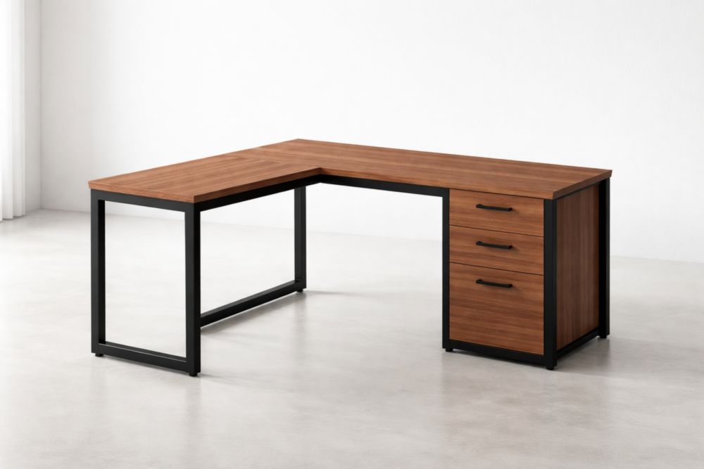 L-Shaped Desk with 3 Drawers Walnut MDF Black Steel Frame Length 160 cm x Width 120 cm x Height 75 cm