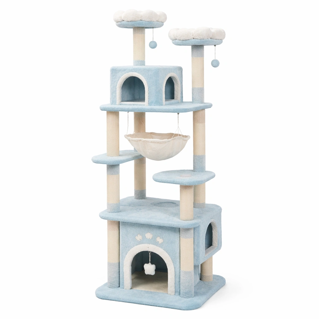 Árbol para gatos de felpa y sisal azul y crema-COZYVELORA