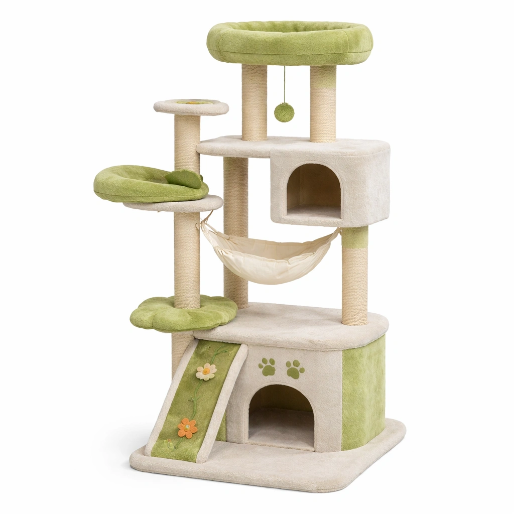 Árbol para gatos con plataforma y hamaca de felpa beige y verde-COZYVELORA