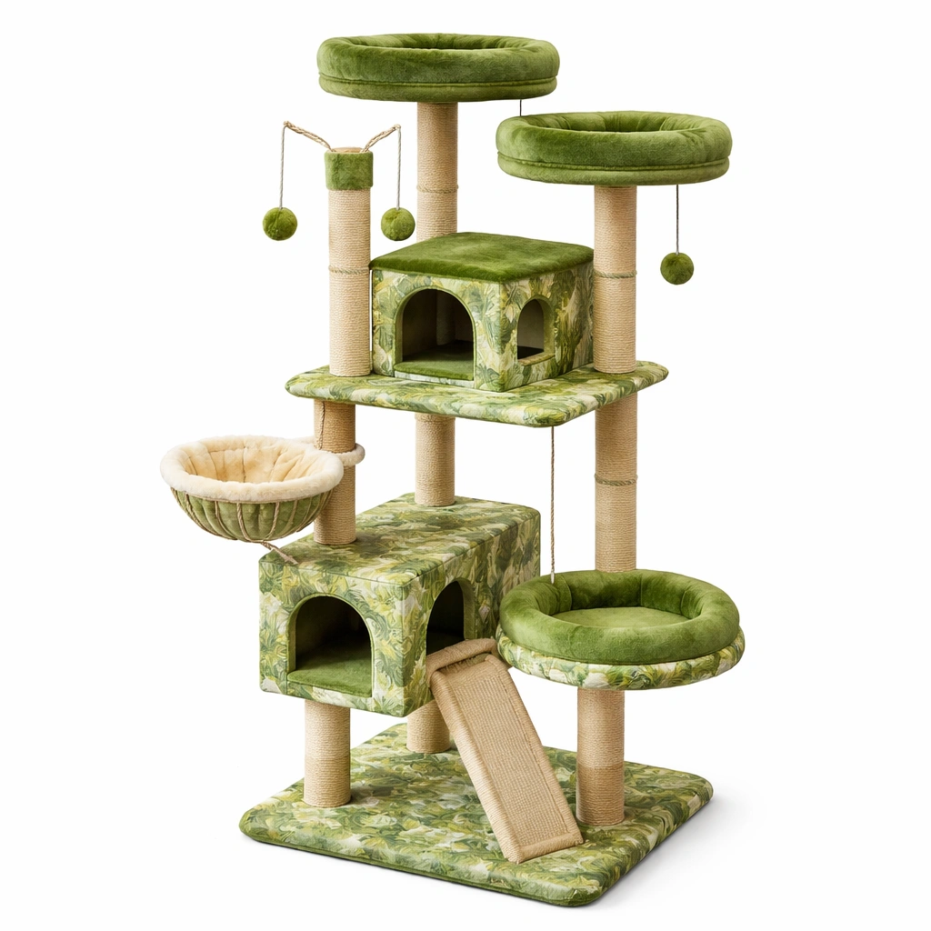 Árbol para gatos de tablero de partículas y felpa verde-COZYVELORA