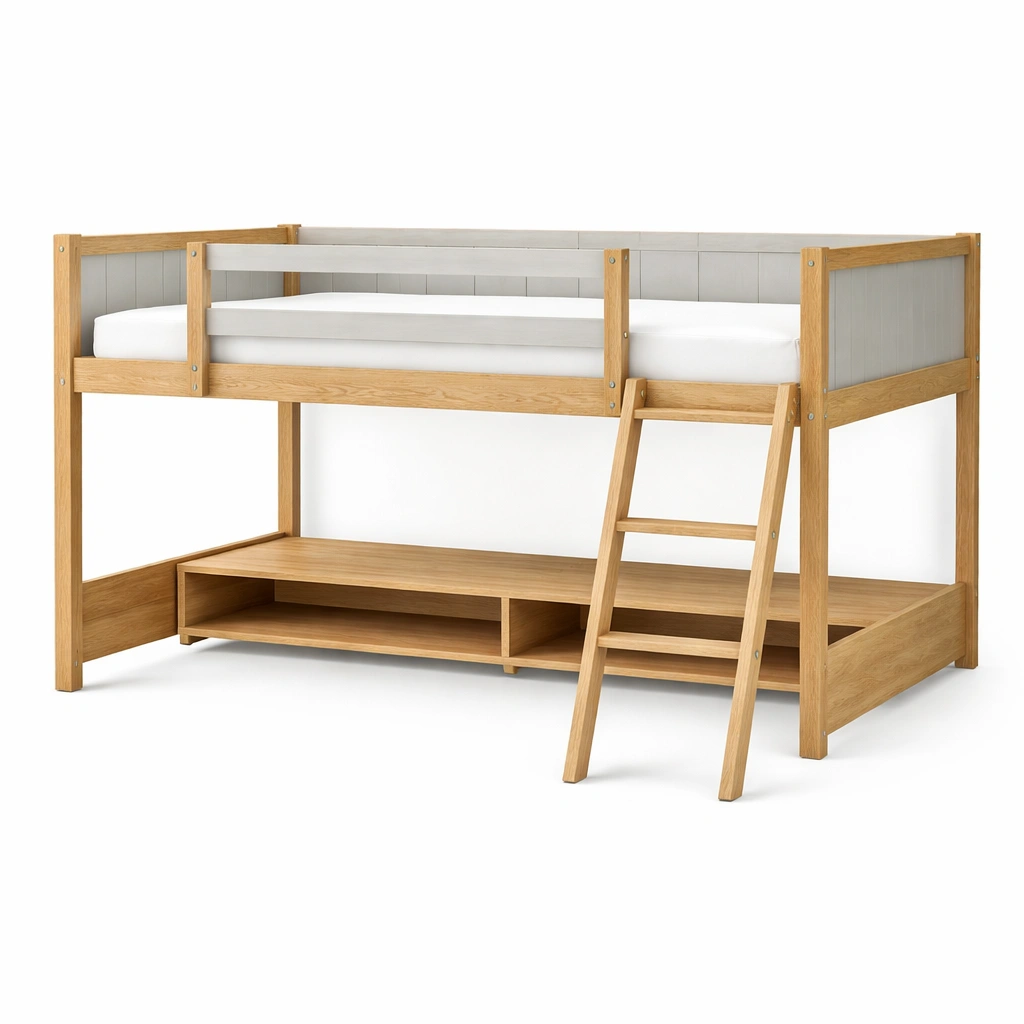 Cama loft de madera de roble y MDF gris-COZYVELORA