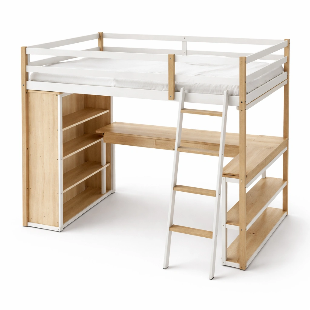Cama loft de madera y metal con escritorio y estantería-COZYVELORA