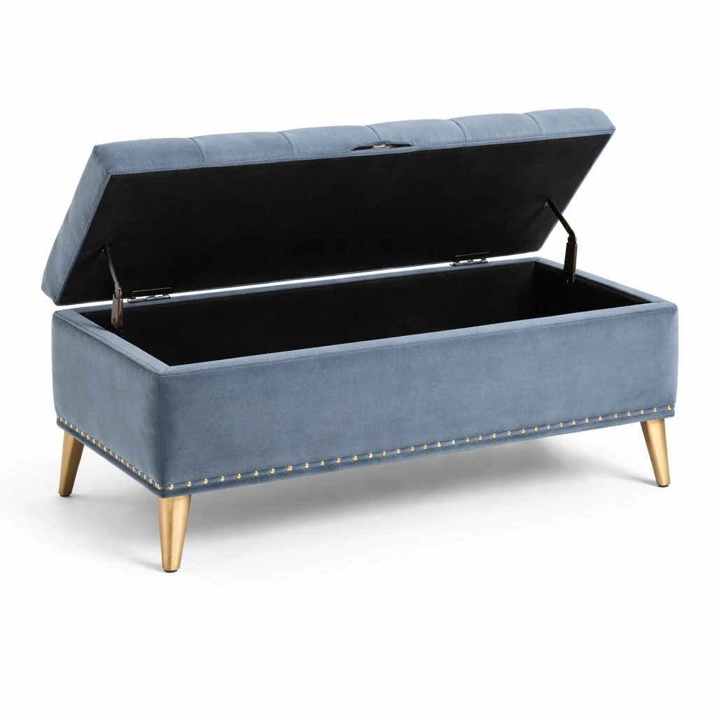 Banco con almacenamiento de terciopelo azul con patas metálicas doradas-COZYVELORA