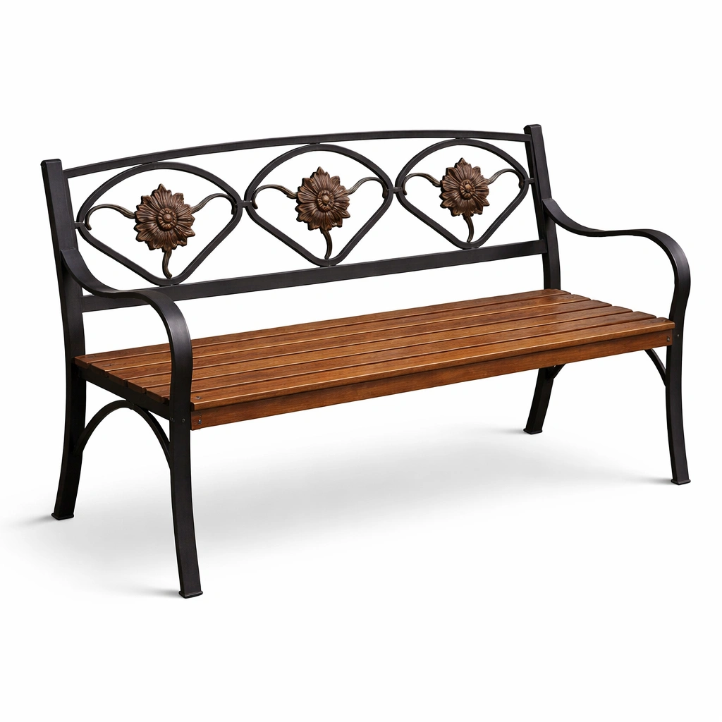Banco de exterior de hierro y madera con respaldo floral-COZYVELORA