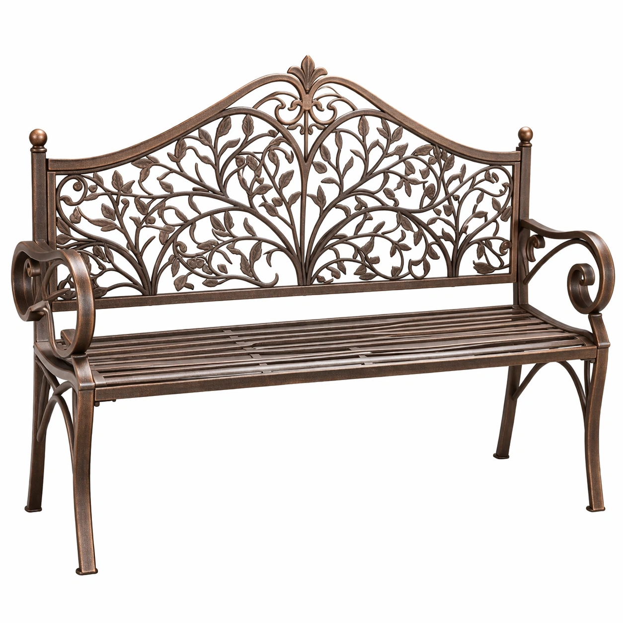 Banco de exterior de aluminio marrón con respaldo decorativo 127x60x85 cm-COZYVELORA