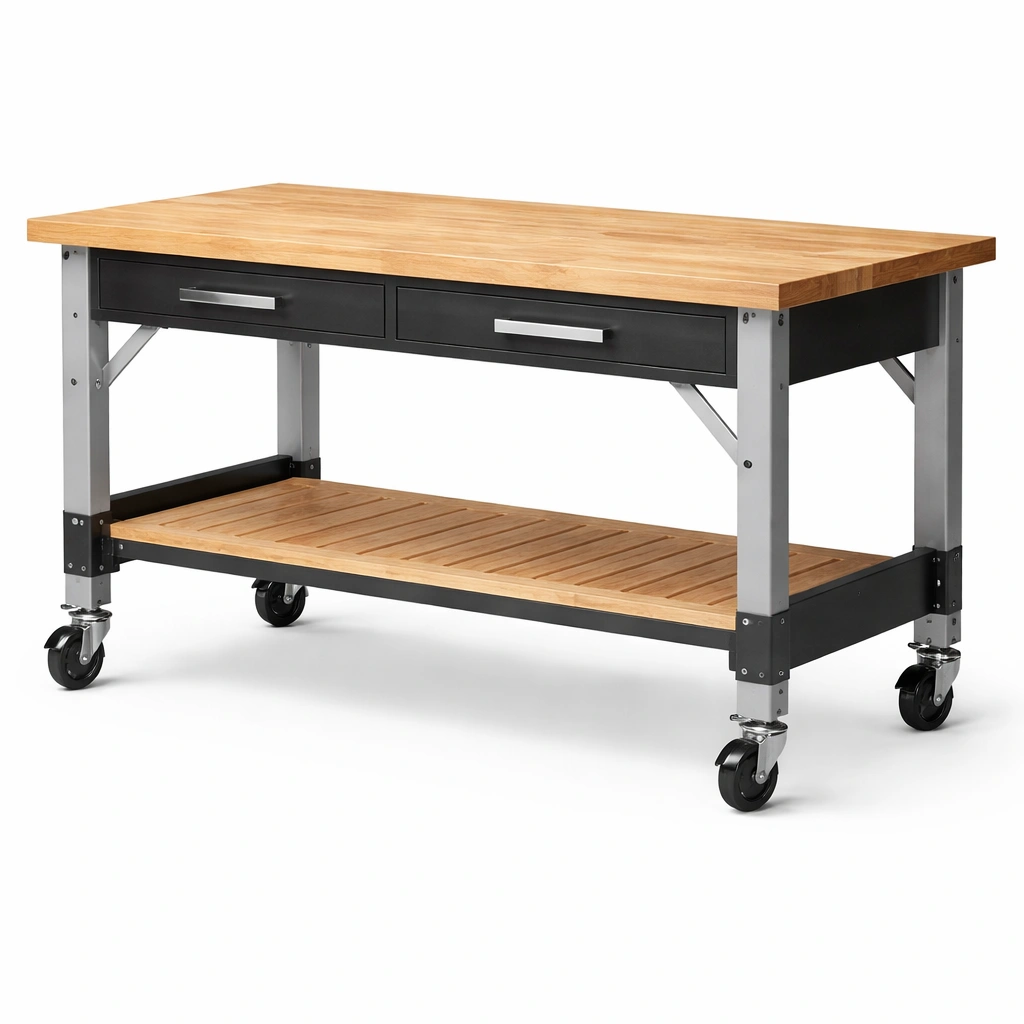 Banco de trabajo de madera y metal con ruedas y estante-COZYVELORA