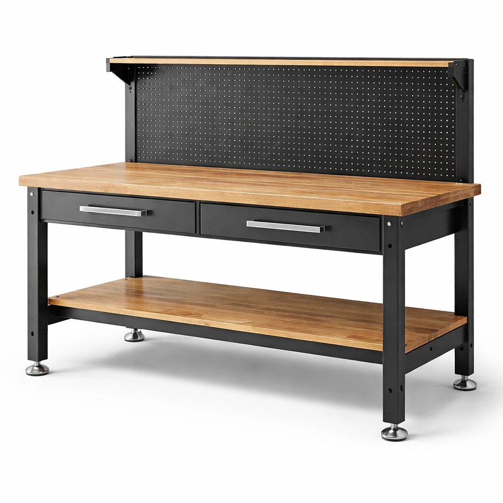 Banco de trabajo de acero y madera con panel perforado y cajones-COZYVELORA