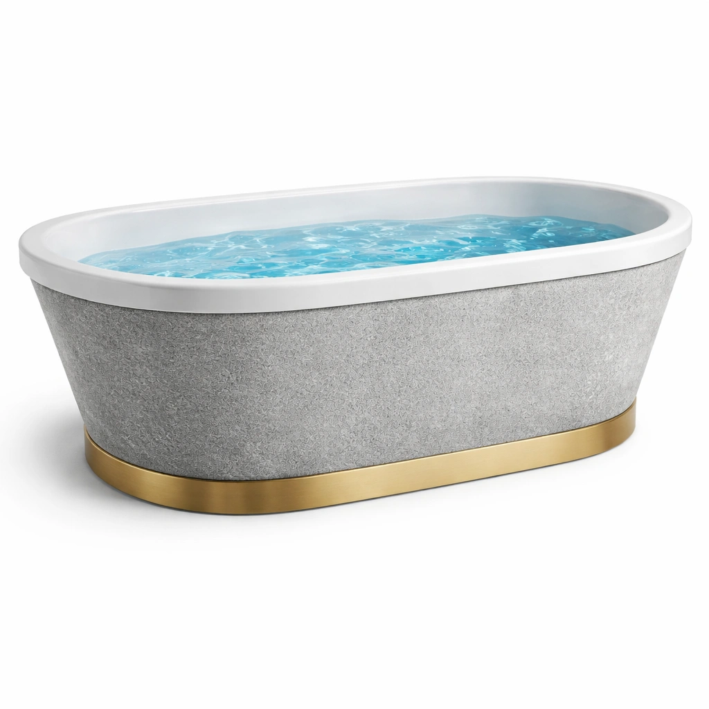 Bañera independiente ovalada de fibra de vidrio gris con base dorada-COZYVELORA