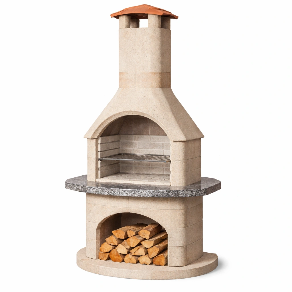 Barbacoa de hormigón con chimenea y estante de granito-COZYVELORA