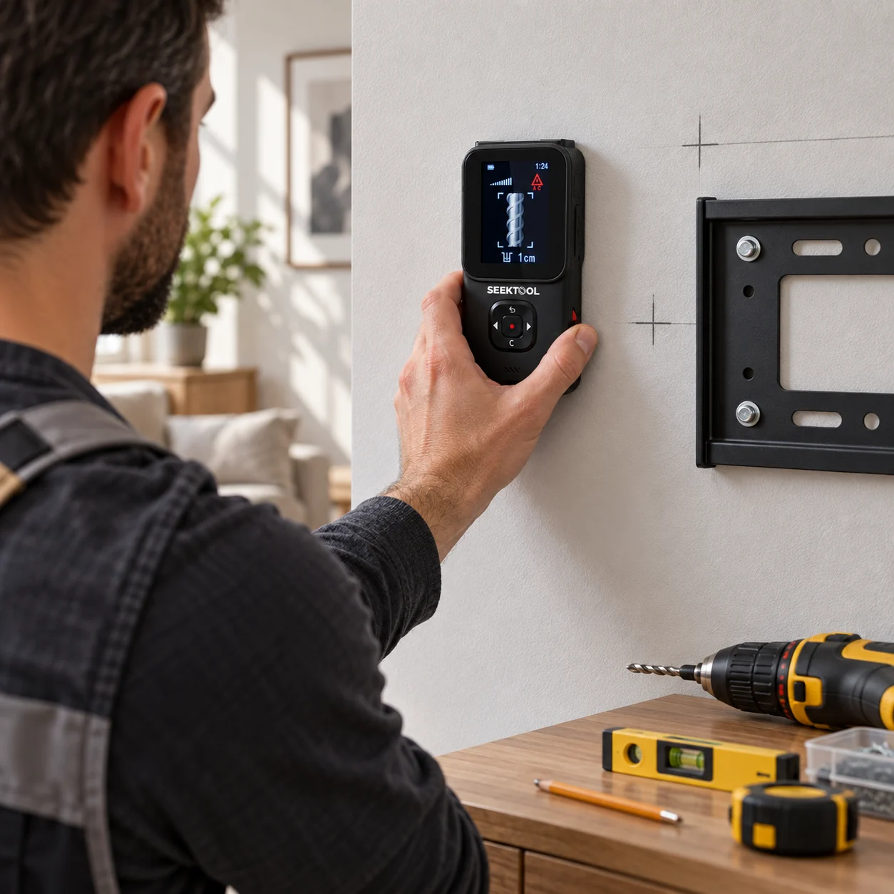 Installer checks the wall with STRATA PRO before mounting a TV bracket
