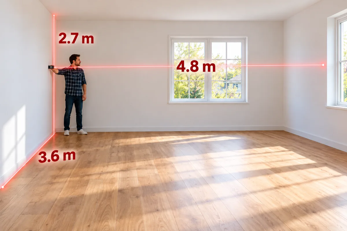 Worker measures a room with STRATA PRO held against a wall; red lines and readings show width, height, and depth