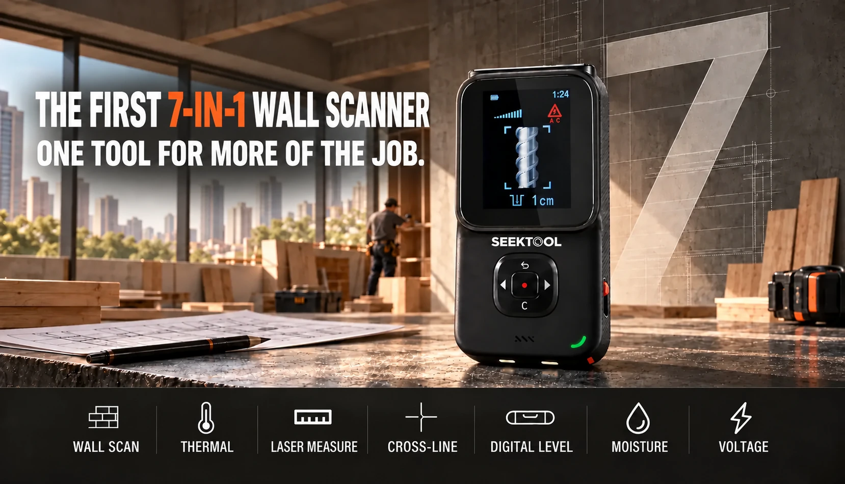 STRATA PRO seven-in-one wall scanner at a jobsite, with seven functions shown along the bottom