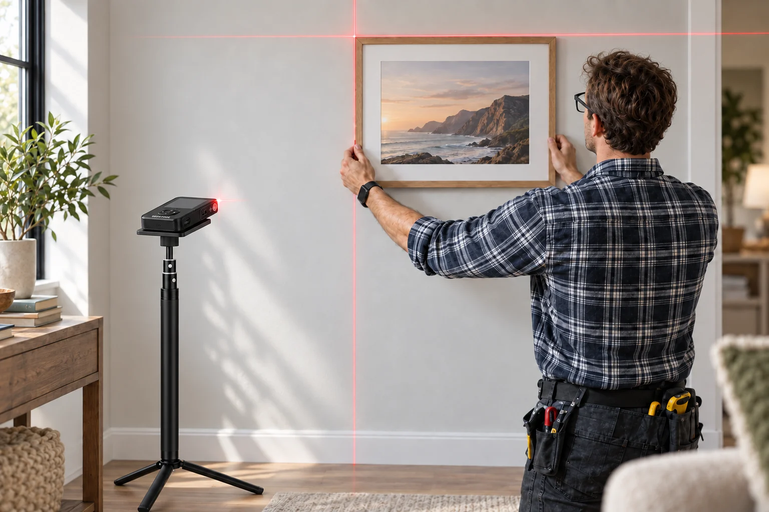 STRATA PRO rests flat on a stand and projects crosshair lines toward picture frames