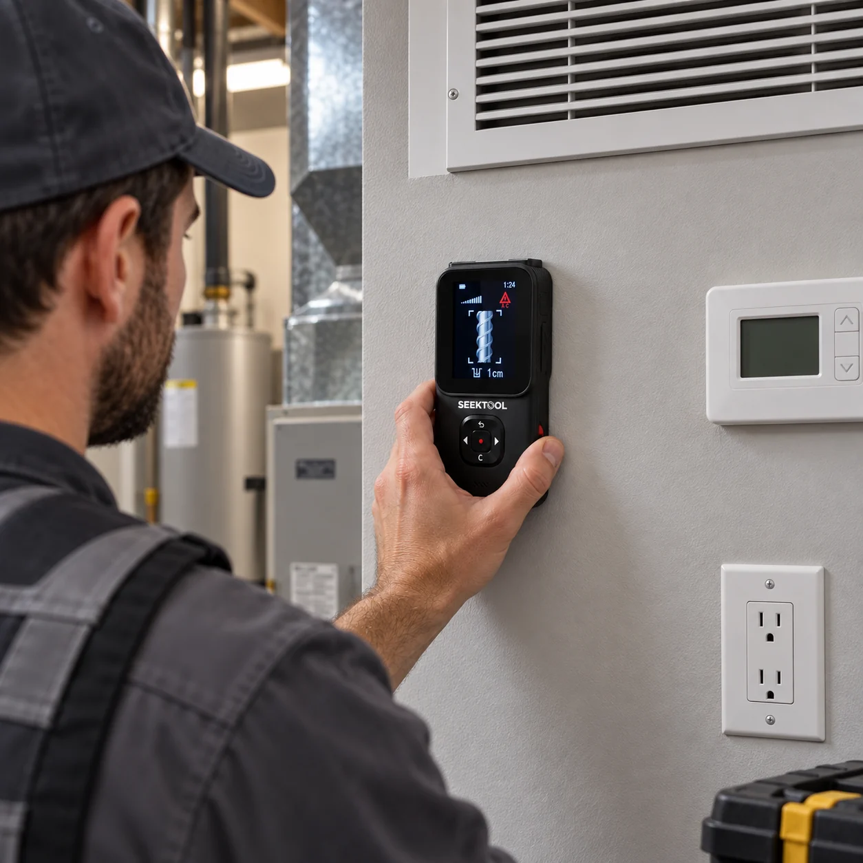 Technician checks a wall near an HVAC vent and electrical outlet
