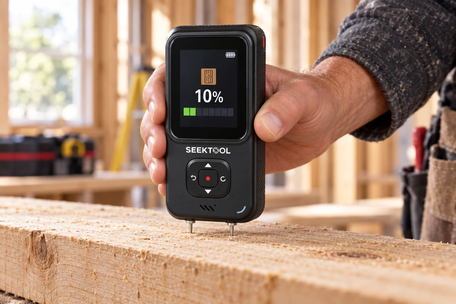 STRATA PRO's two probes contact a wood board to measure moisture; screen example shows 10%
