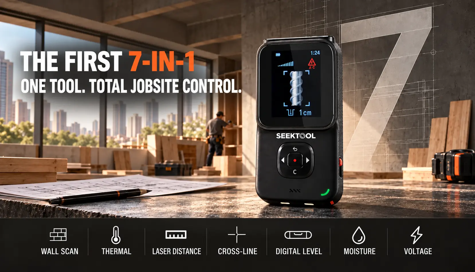 STRATA PRO at a renovation jobsite, with its seven functions shown along the bottom
