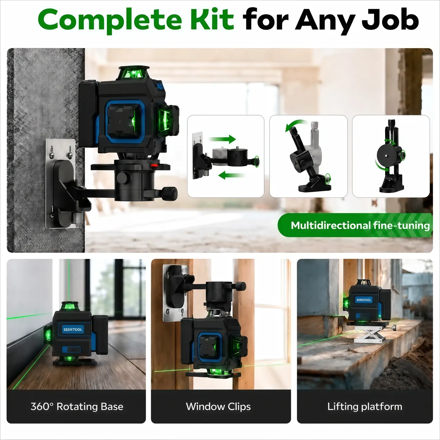 SEEKTOOL MX4 Max 4×360° Green Laser Level — Inductive Power, Removable Laser Modules & App Control  