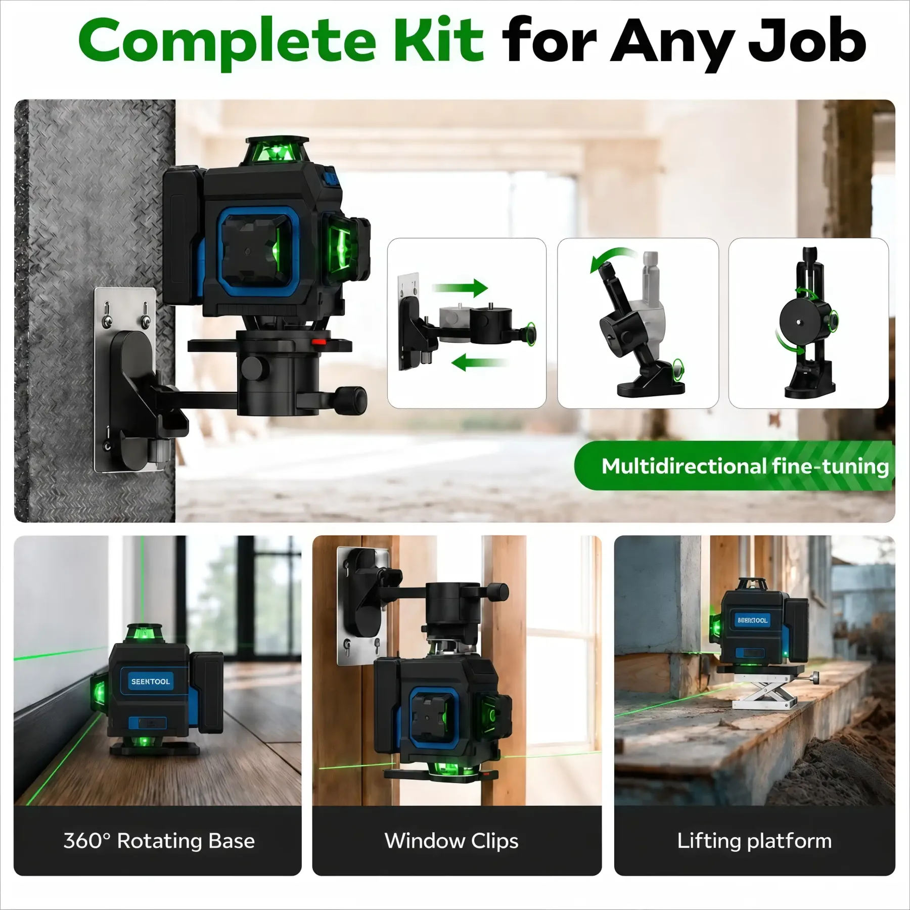 SEEKTOOL MX4 Max 4×360° Green Laser Level — Inductive Power, Removable Laser Modules & App Control  
