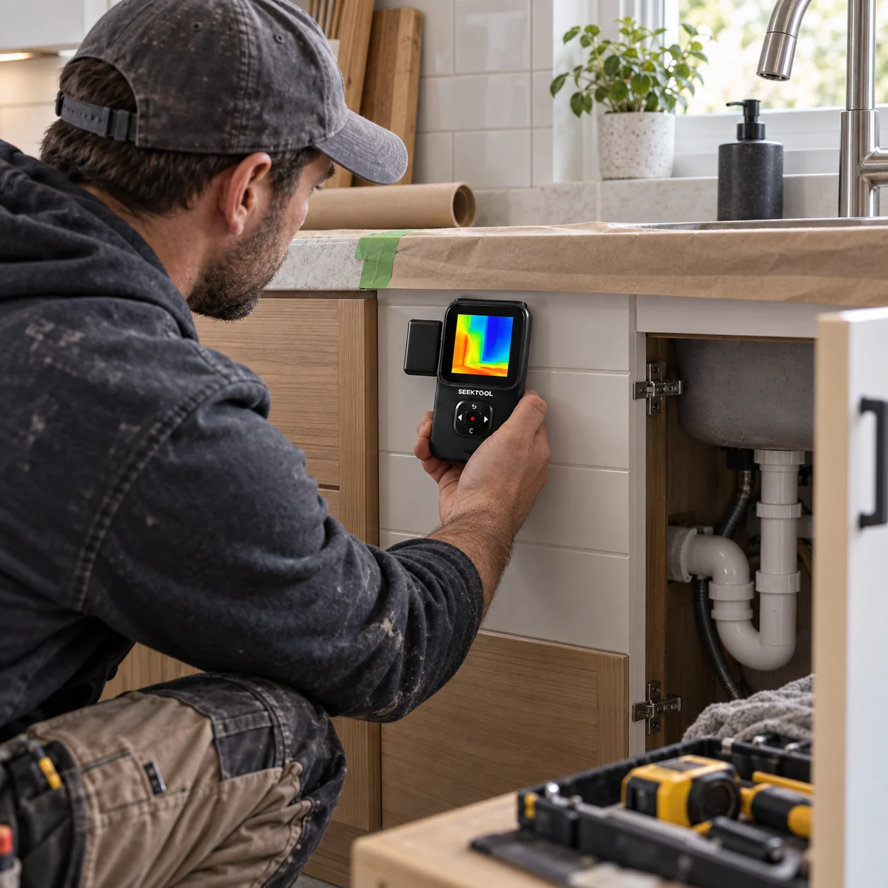 Worker uses the STRATA PRO thermal module to check a kitchen wall near a sink
