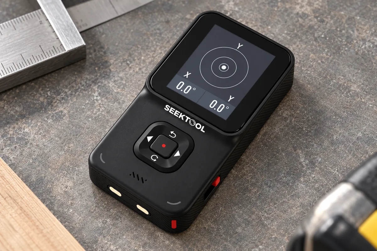 STRATA PRO lying flat, with a close-up of X/Y digital level readings