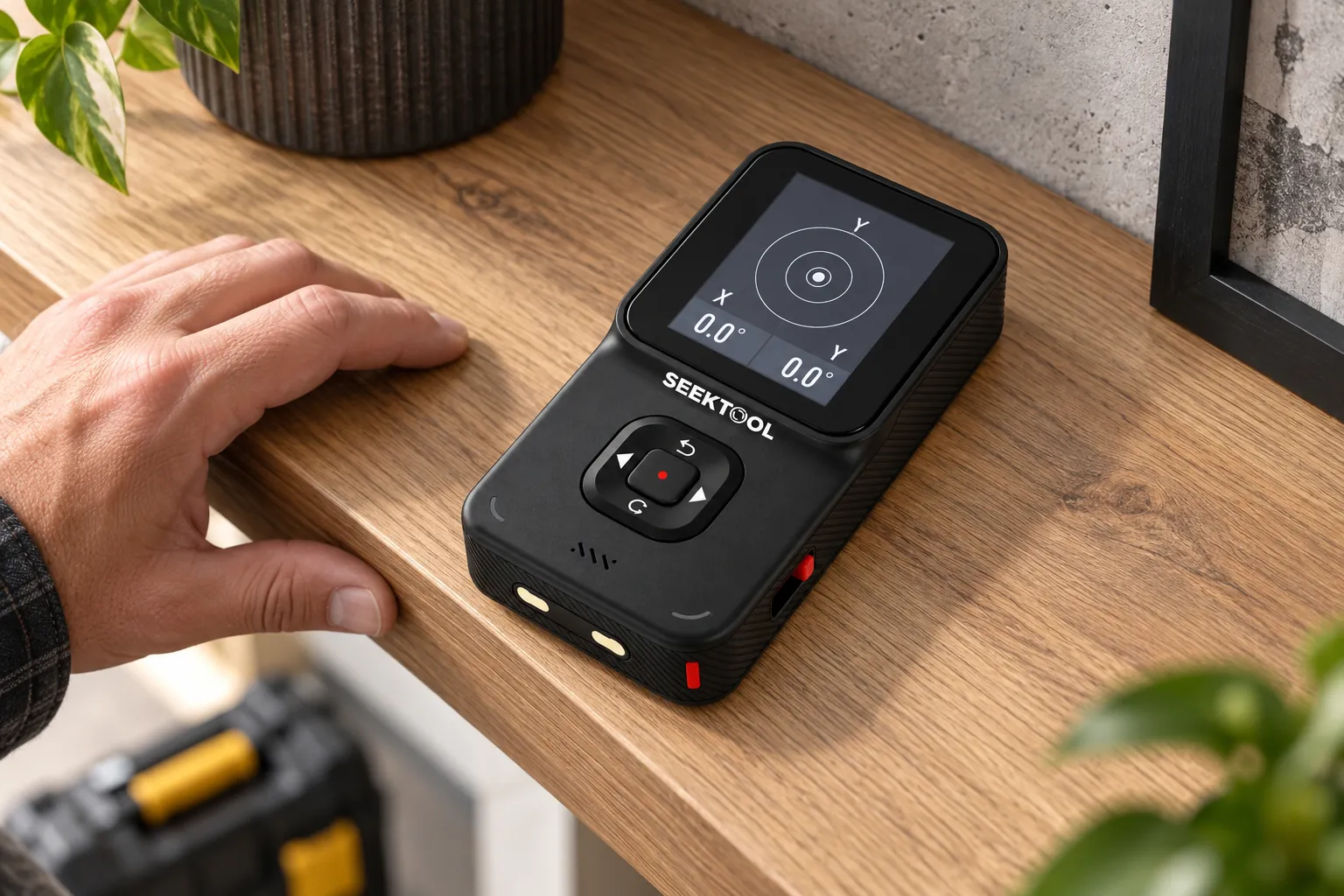 STRATA PRO rests flat on a surface and shows X/Y dual-axis angle readings