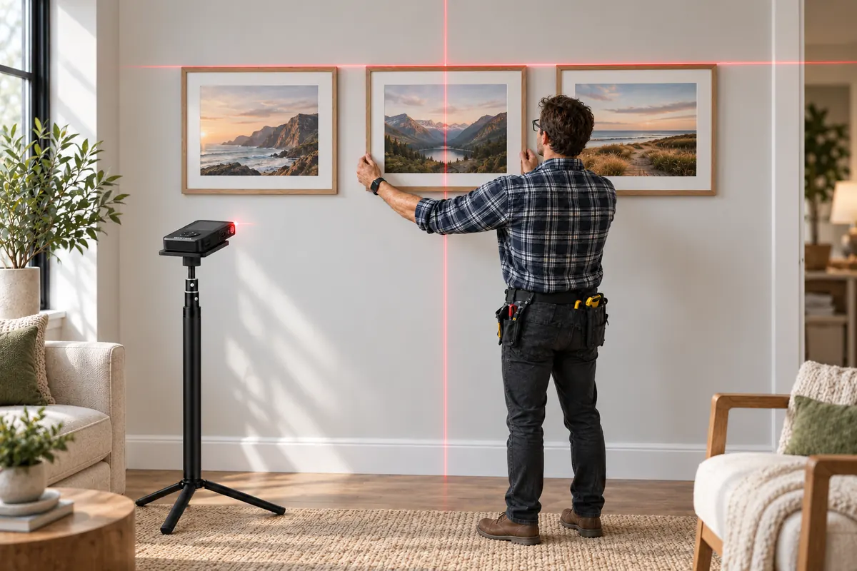 STRATA PRO resting flat on a stand, with crosshair lines aligning three picture frames
