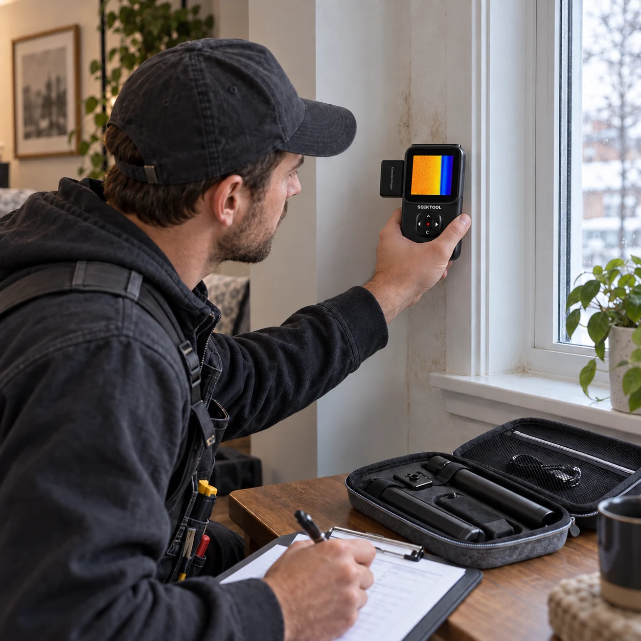 Maintenance worker checks temperature differences around a window frame with STRATA PRO