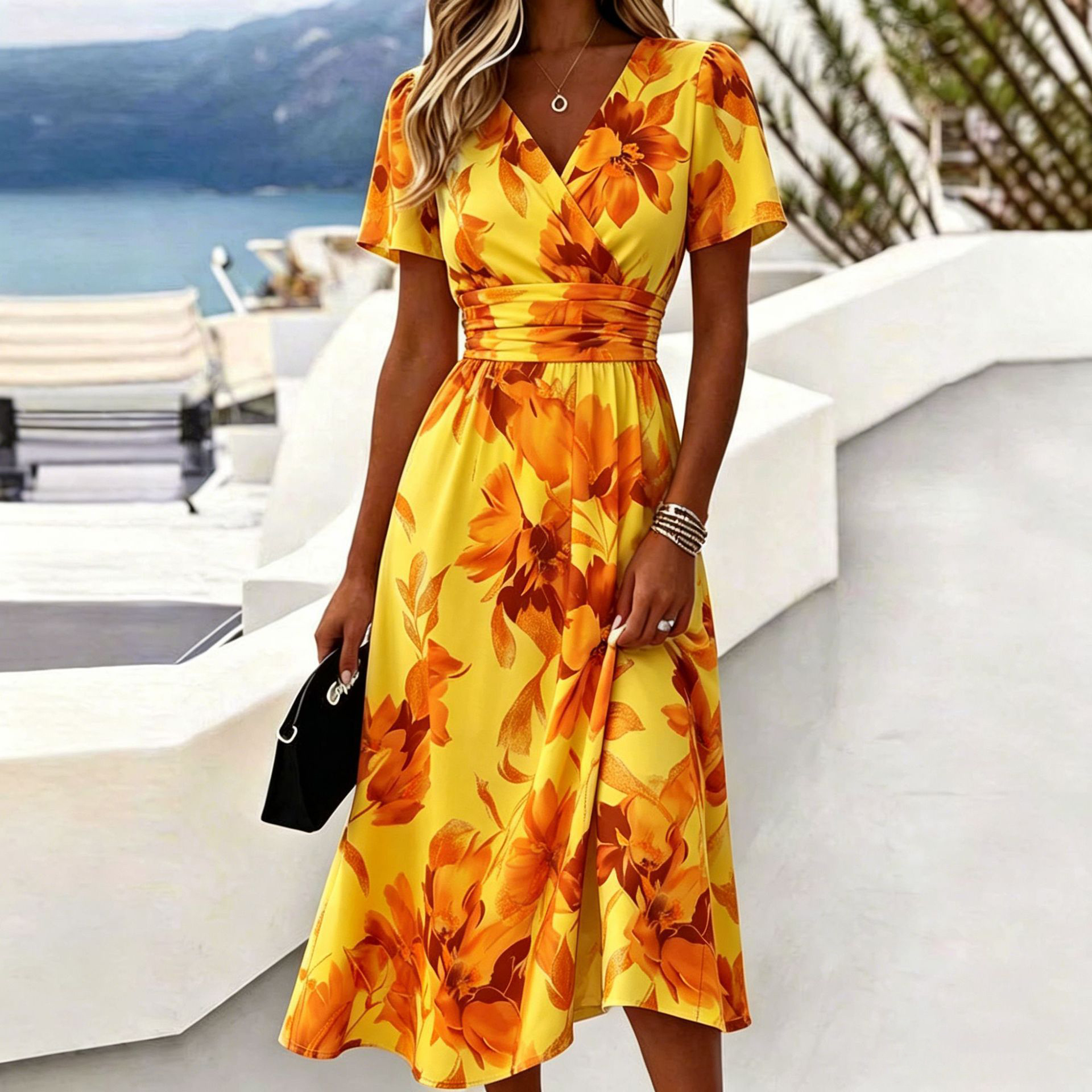 Casual Blue White Stripe V Neck Midi Dress Short Sleeve Waistband Flowy Summer Dress
