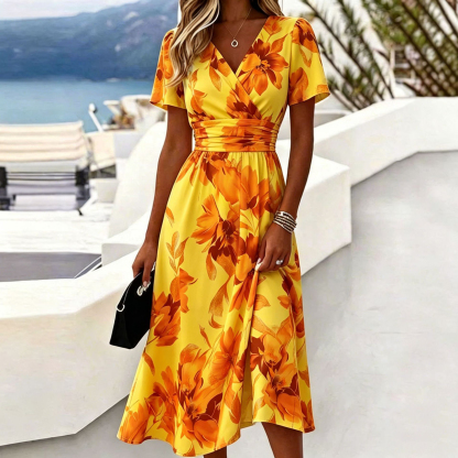 Casual Blue White Stripe V Neck Midi Dress Short Sleeve Waistband Flowy Summer Dress