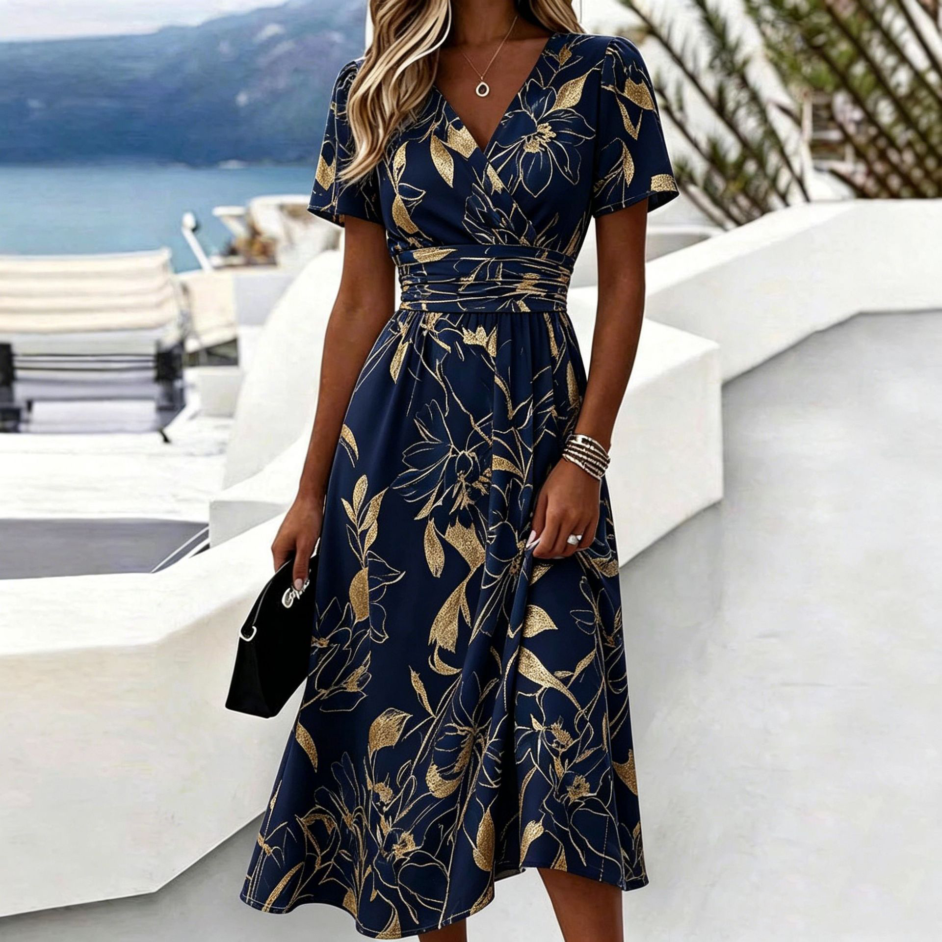 Casual Blue White Stripe V Neck Midi Dress Short Sleeve Waistband Flowy Summer Dress