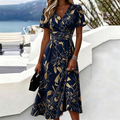 Casual Blue White Stripe V Neck Midi Dress Short Sleeve Waistband Flowy Summer Dress