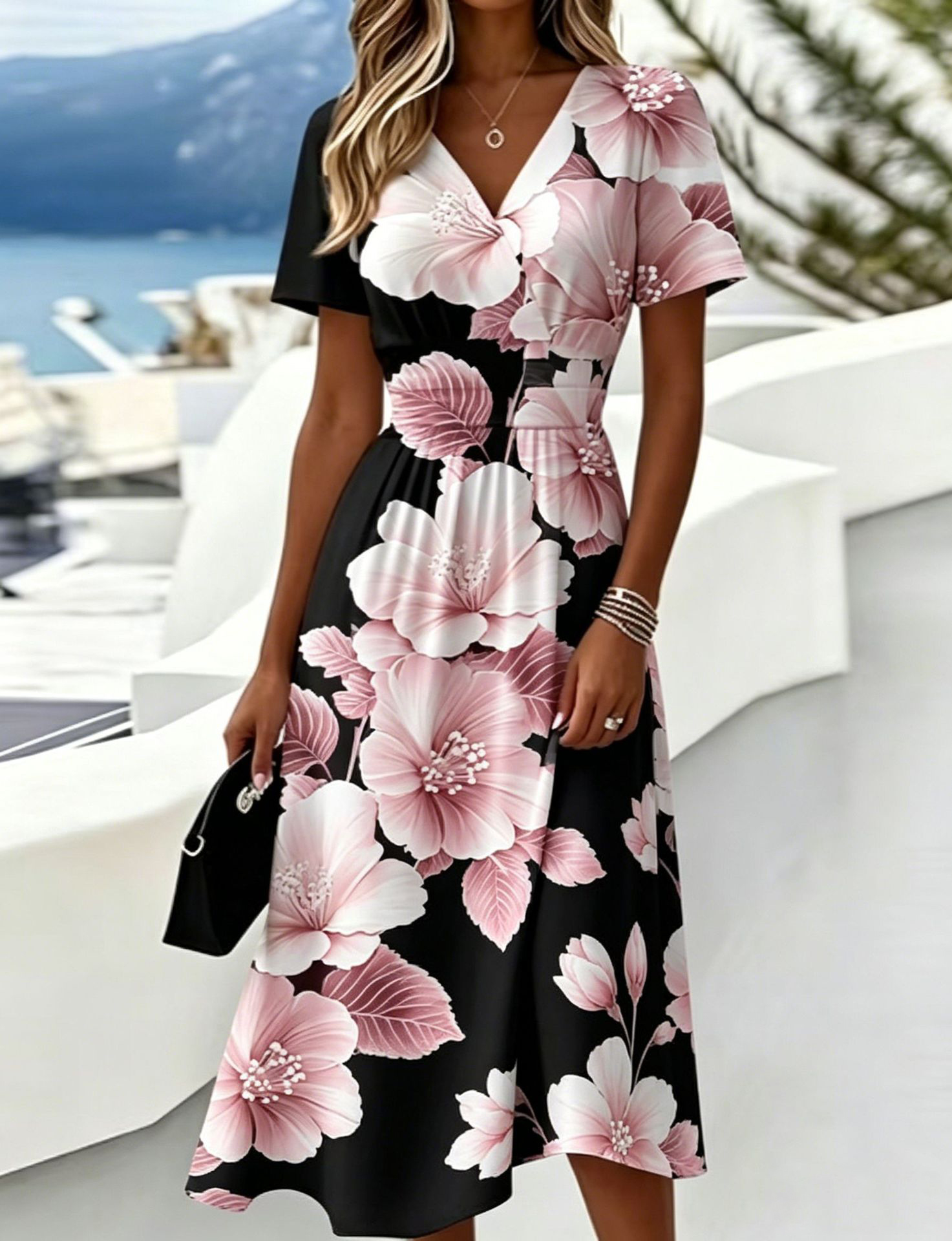 Casual Blue White Stripe V Neck Midi Dress Short Sleeve Waistband Flowy Summer Dress