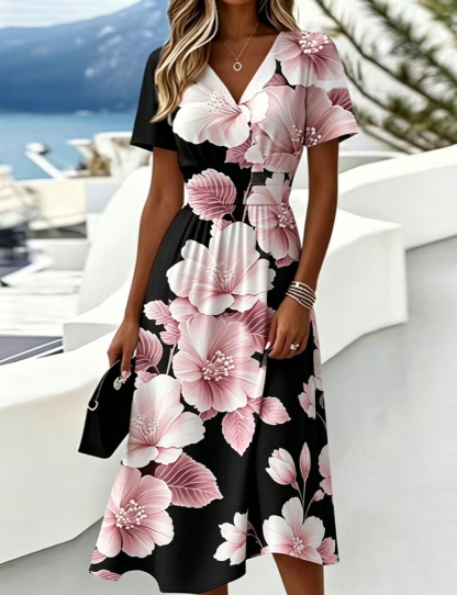 Casual Blue White Stripe V Neck Midi Dress Short Sleeve Waistband Flowy Summer Dress
