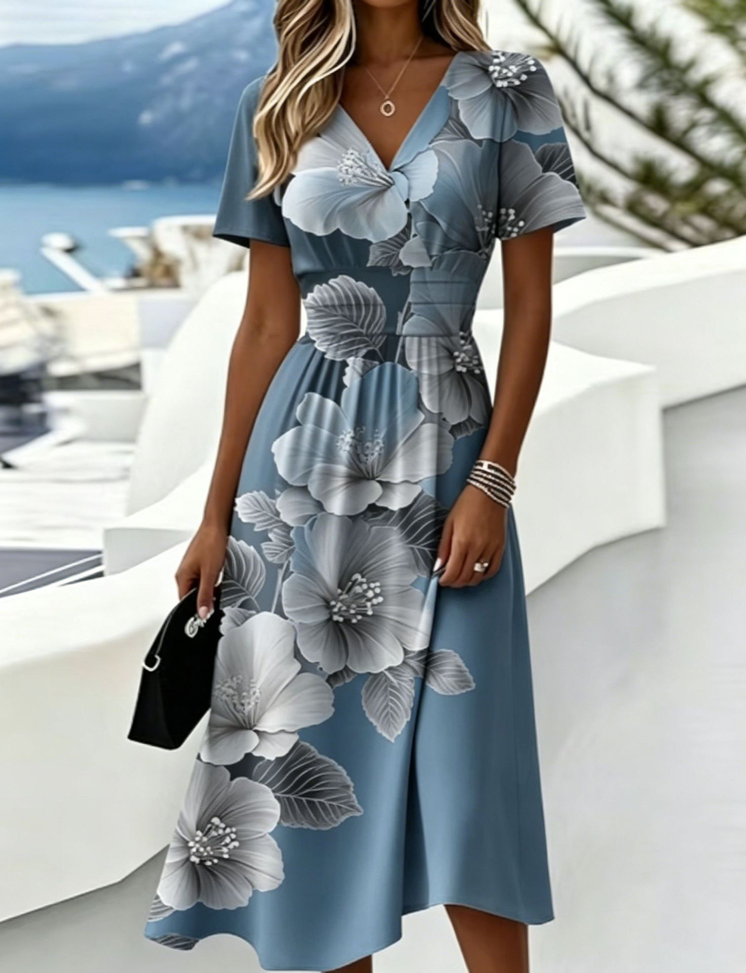 Casual Blue White Stripe V Neck Midi Dress Short Sleeve Waistband Flowy Summer Dress
