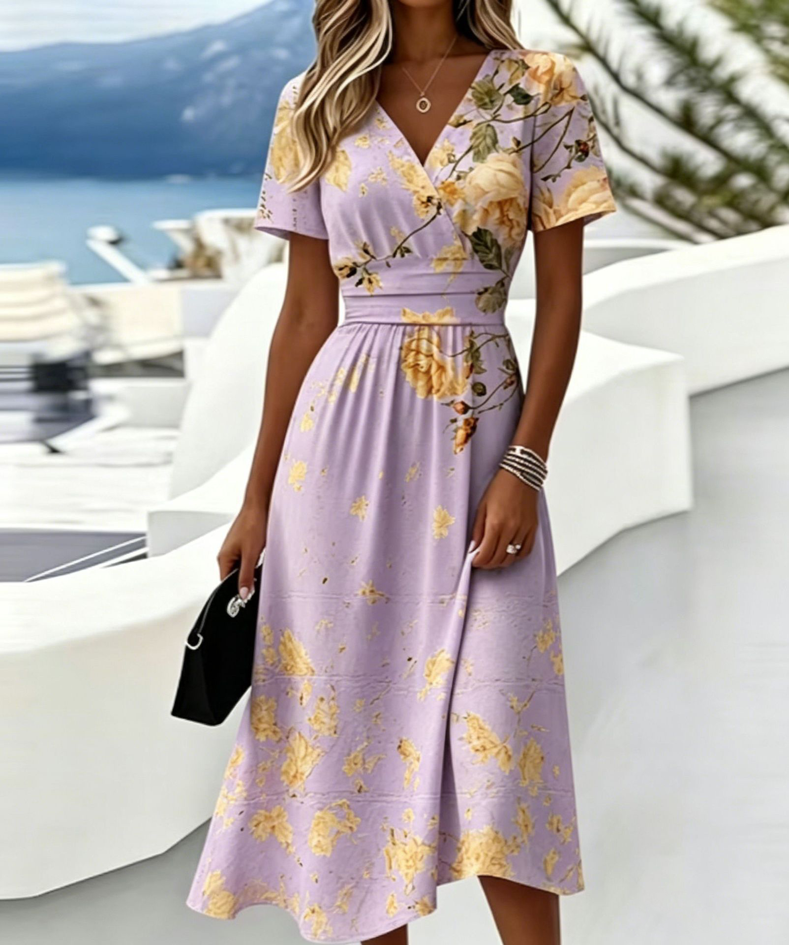 Casual Blue White Stripe V Neck Midi Dress Short Sleeve Waistband Flowy Summer Dress