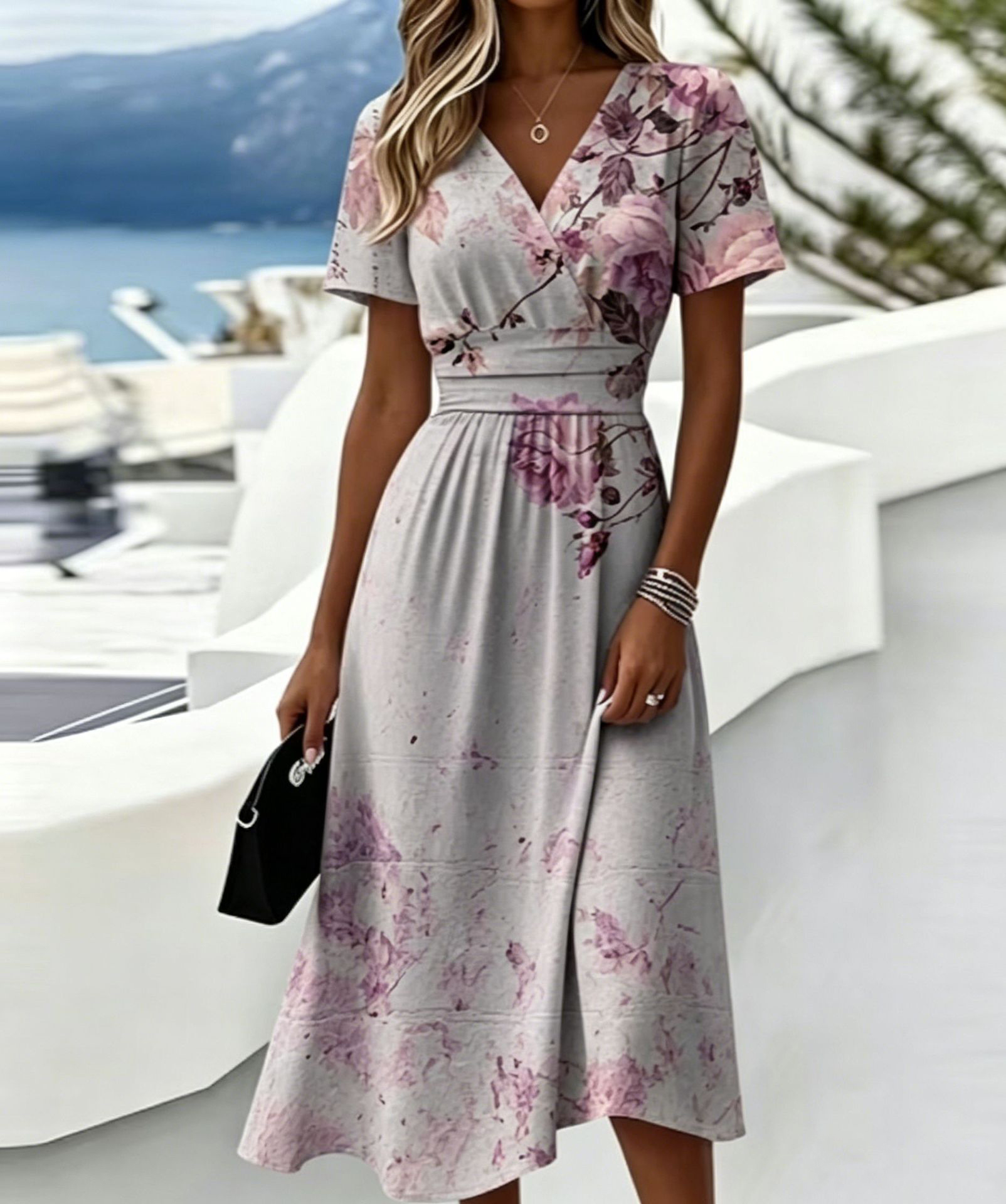 Casual Blue White Stripe V Neck Midi Dress Short Sleeve Waistband Flowy Summer Dress
